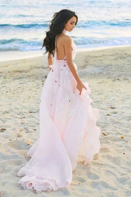 Boho Halter Backless Light Pink Chiffon Beach Wedding Dresses with Appliques Ruffles STC15082