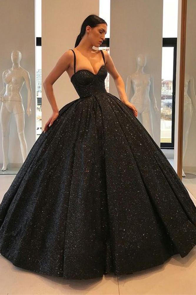 Spaghetti Straps Black Sweetheart Quinceanera Dresses, Ball Gown Sequins Prom Dresses STC15410