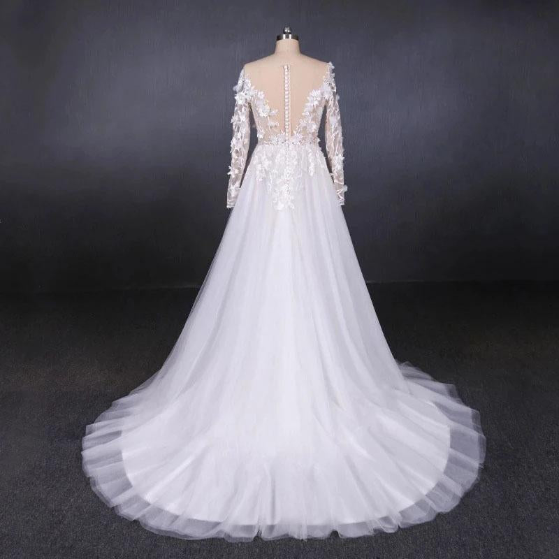 Long Sleeves White A-line Tulle Beach Wedding Dresses with Lace Appliques, Bridal Dress STC15255