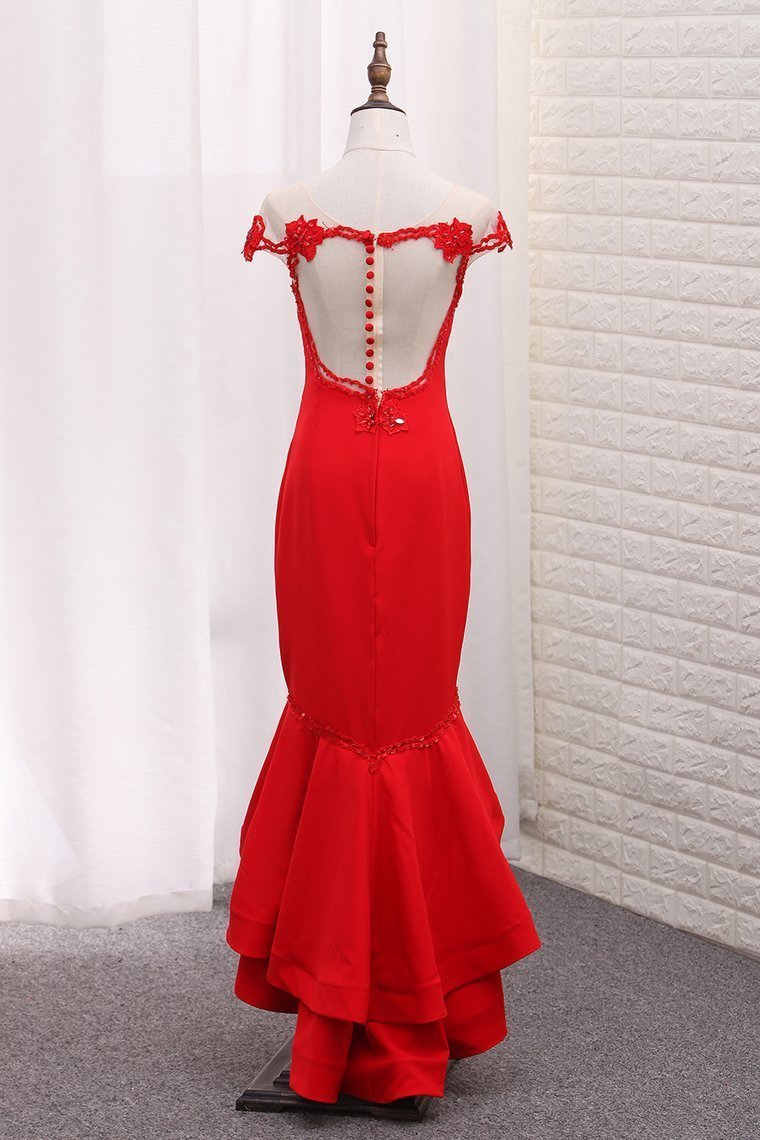 Scoop Mermaid Asymmetrical Prom Dresses Satin With Beads