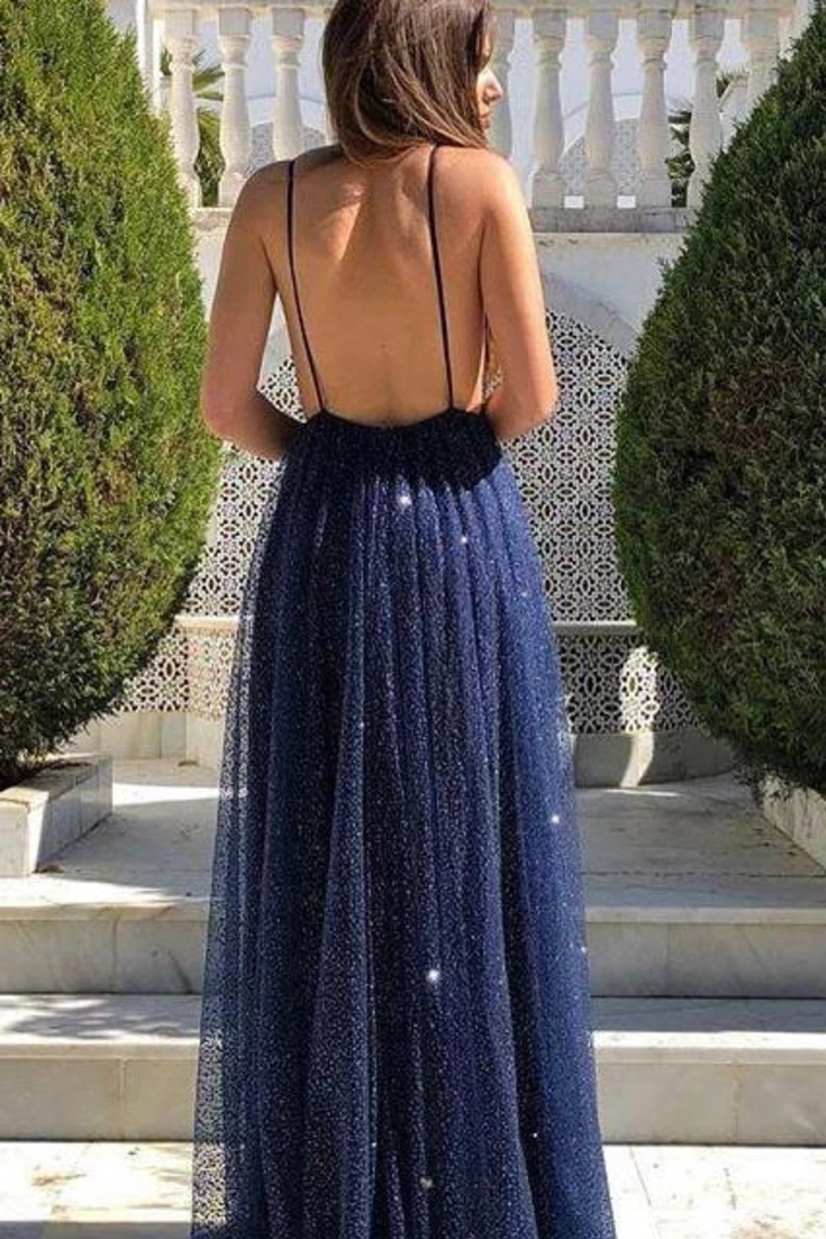 Sexy A Line Spaghetti Straps Deep V Neck Sequins Backless Long Prom STCPKP1S9T2