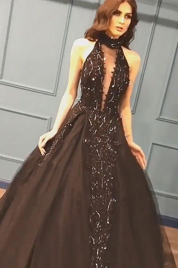 Sexy Ball Gown High Neck Black Tulle V Neck Sequins Party Dresses, Prom Dresses STC15594