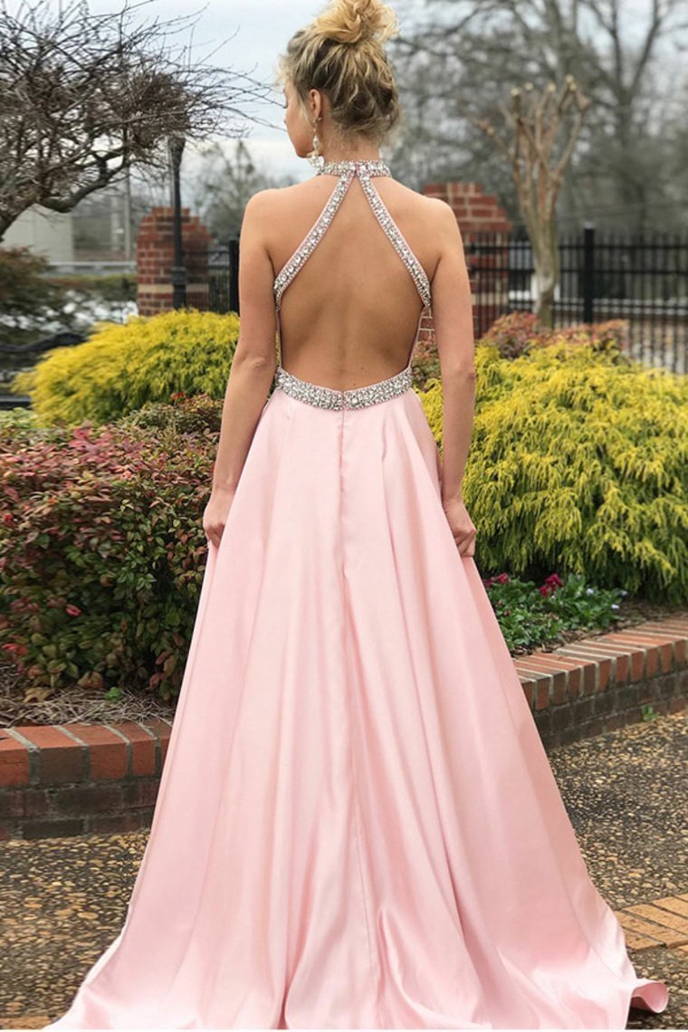 Elegant Charming Long Open Back Beading A-Line Pink Prom Dresses With