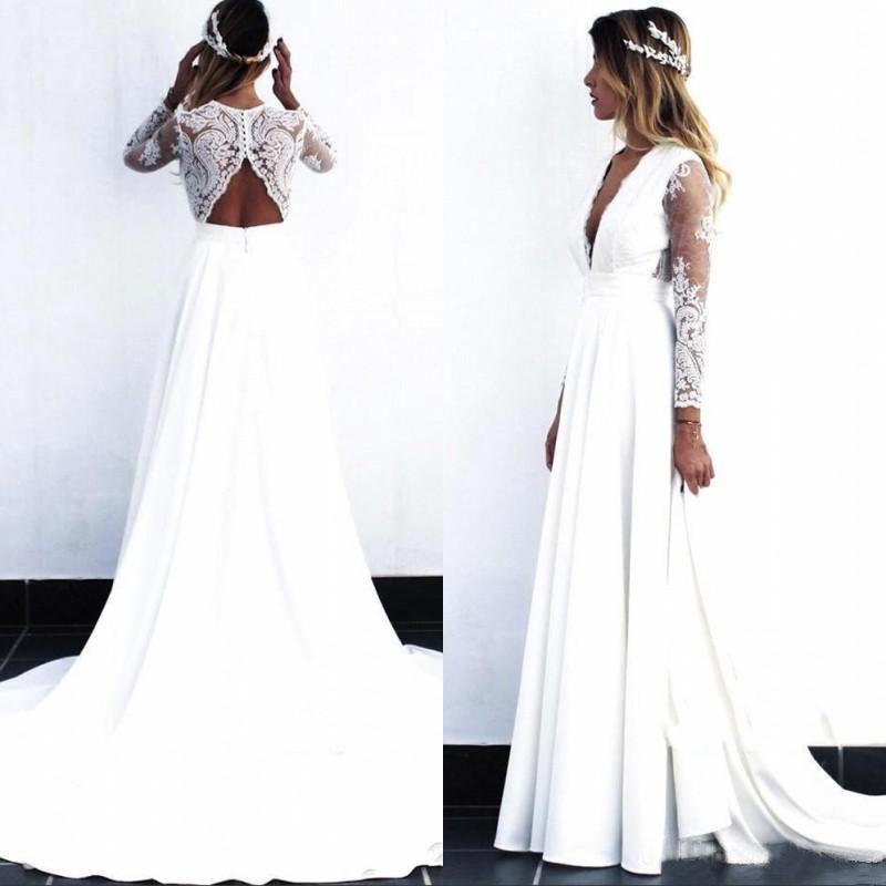 Charming White V Neck Long Sleeves Satin Wedding Dresses, Long Cheap Bridal Dresses STC15507