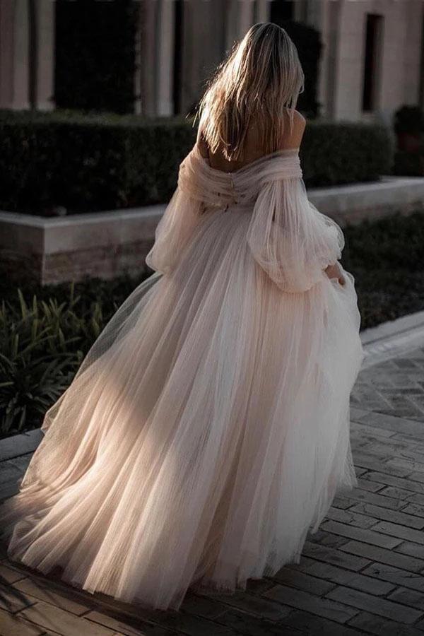 Princess Long Puff Sleeves Off the Shoulder Tulle Wedding Dresses, Beach Wedding Gowns STC15298