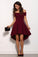 Short A Line Burgundy Off the Shoulder High Low Knee Length Satin Homecoming Dresses