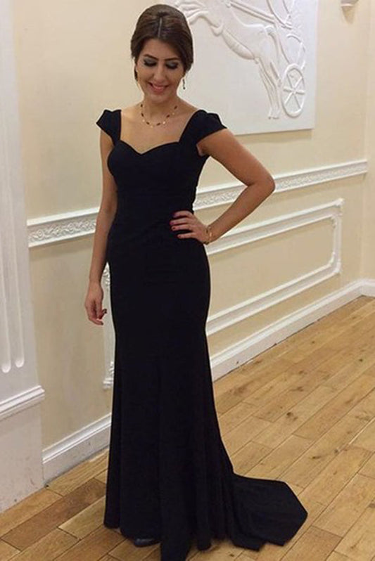 Simple Black Sweetheart Sleeveless Sweep Train Prom Dresses Formal Party Dresses
