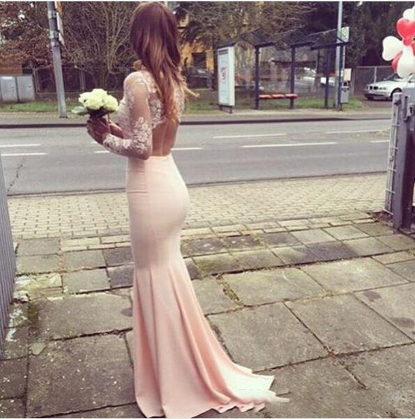 Modest Prom Dress High Neck Lace Pink evening dress Long Open Back Prom Dresses