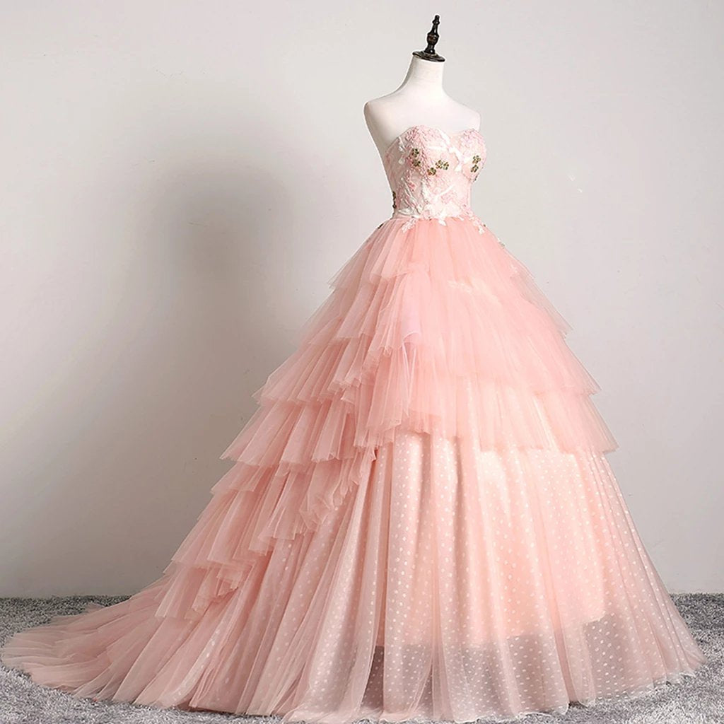 Princess Ball Gown Pink 3D Lace Multi-layered Prom Dresses, Tulle Quinceanera Dresses STC15292