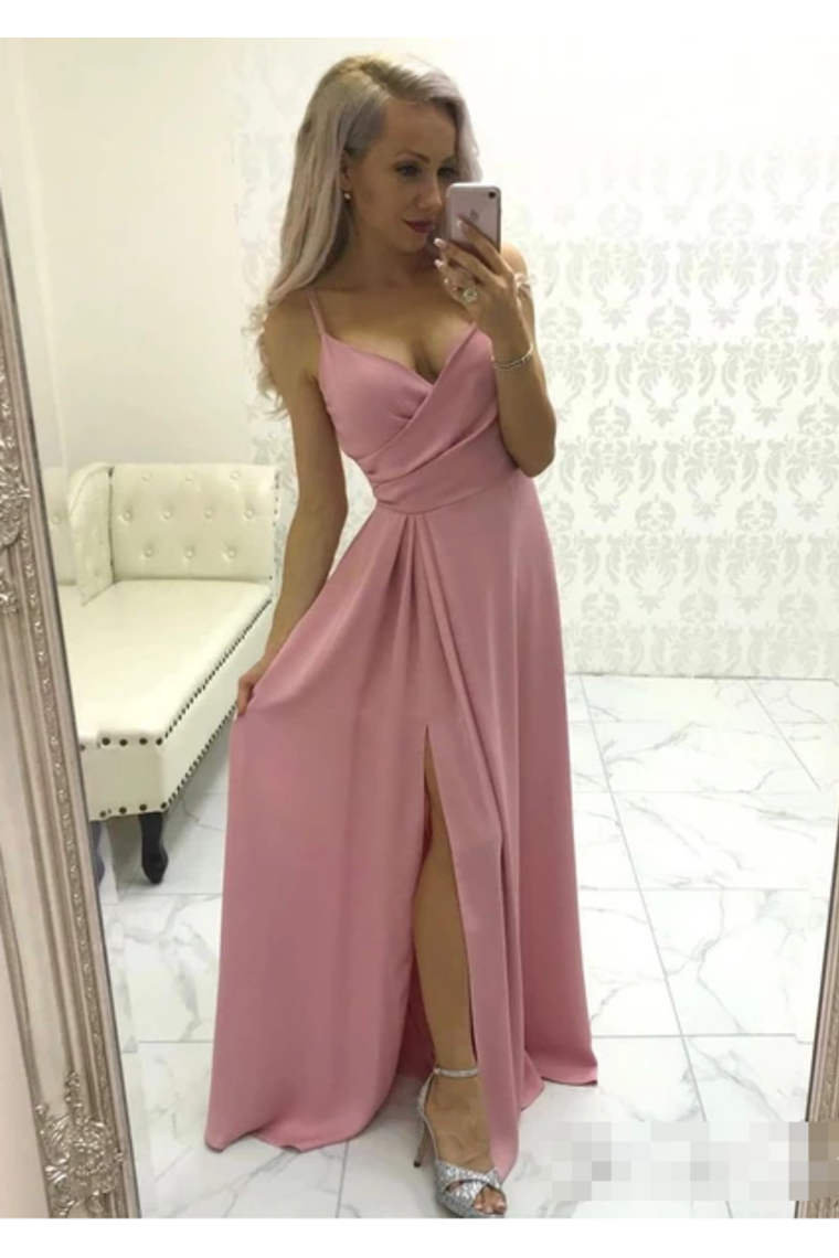 Simple Satin Evening Gown Spaghetti Straps Prom Dress With Pleats And High STCPMRMS38T