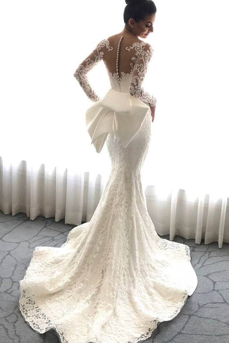 Mermaid Long Sleeves Tulle Wedding Dresses With Applique Court Train