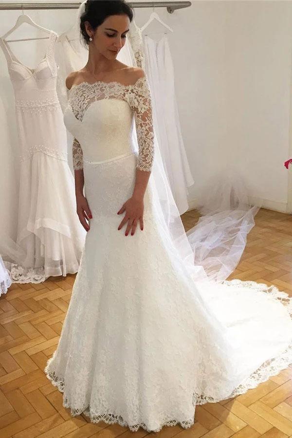 Unique Mermaid Off the Shoulder Ivory Lace 3/4 Sleeves Wedding Dresses, Wedding Gowns STC15460