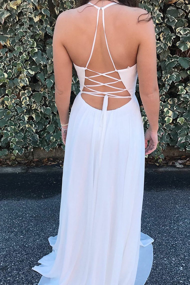Beauty Flowy White Embroidery V-Neck Prom Dresses Party