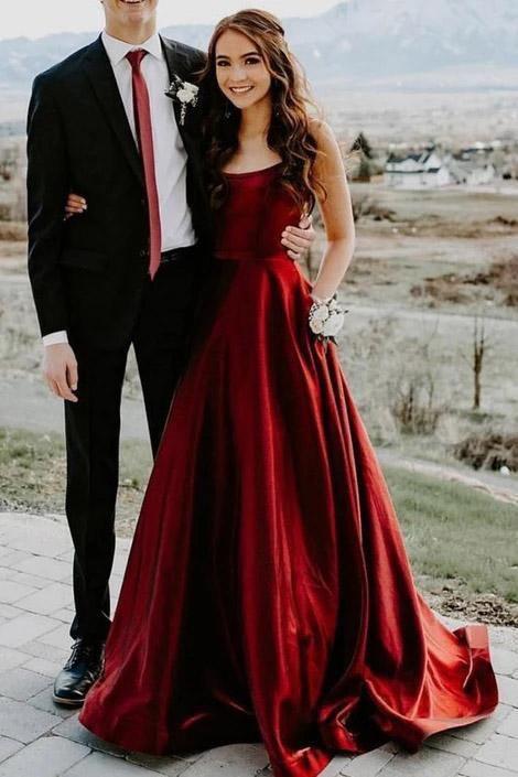 Elegant A Line Red Spaghetti Straps Satin Prom Dresses with Pockets Evening STC15638