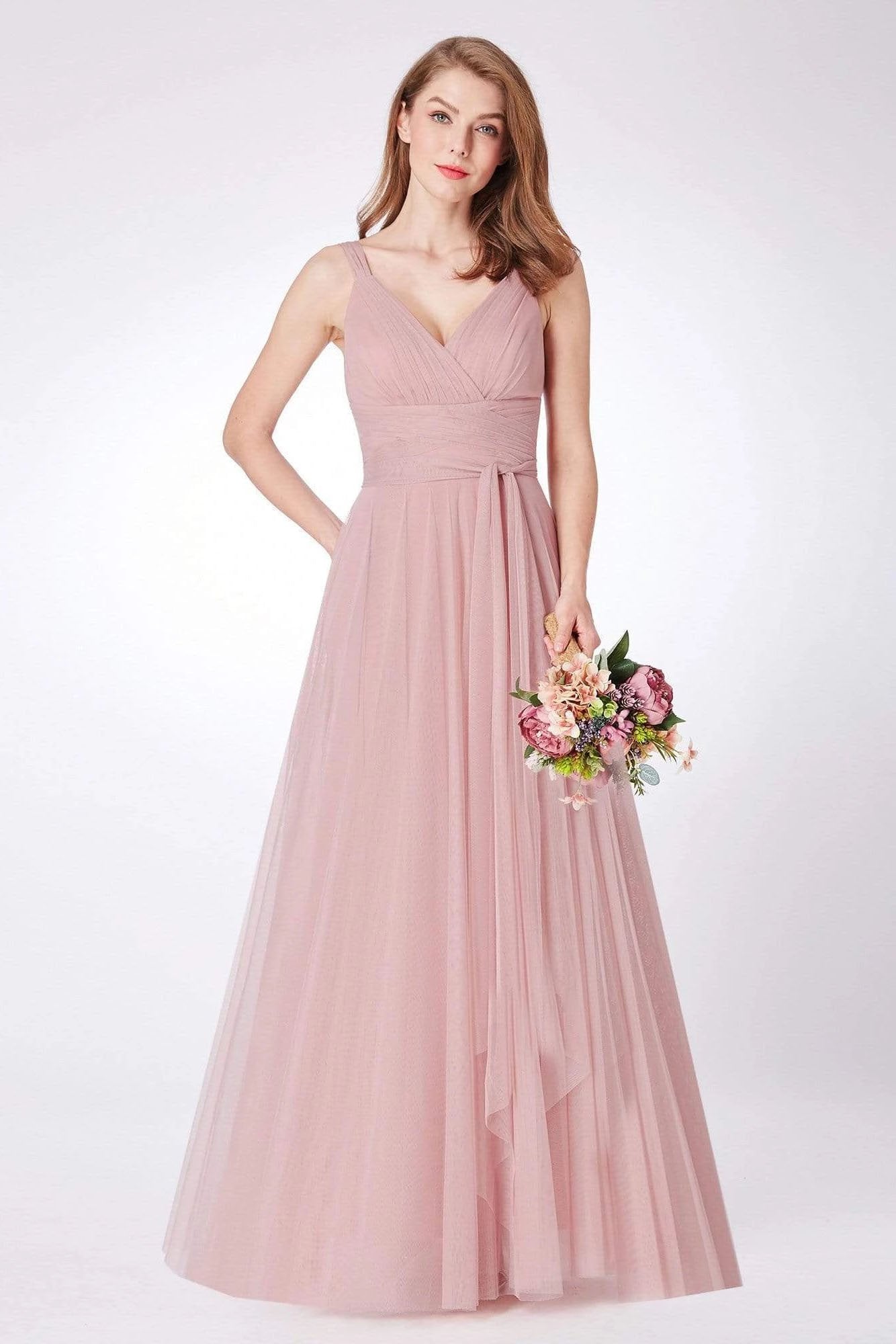 Simple A Line Pink V Neck Tulle Sleeveless Prom Dresses Long Bridesmaid Dresses STC15383