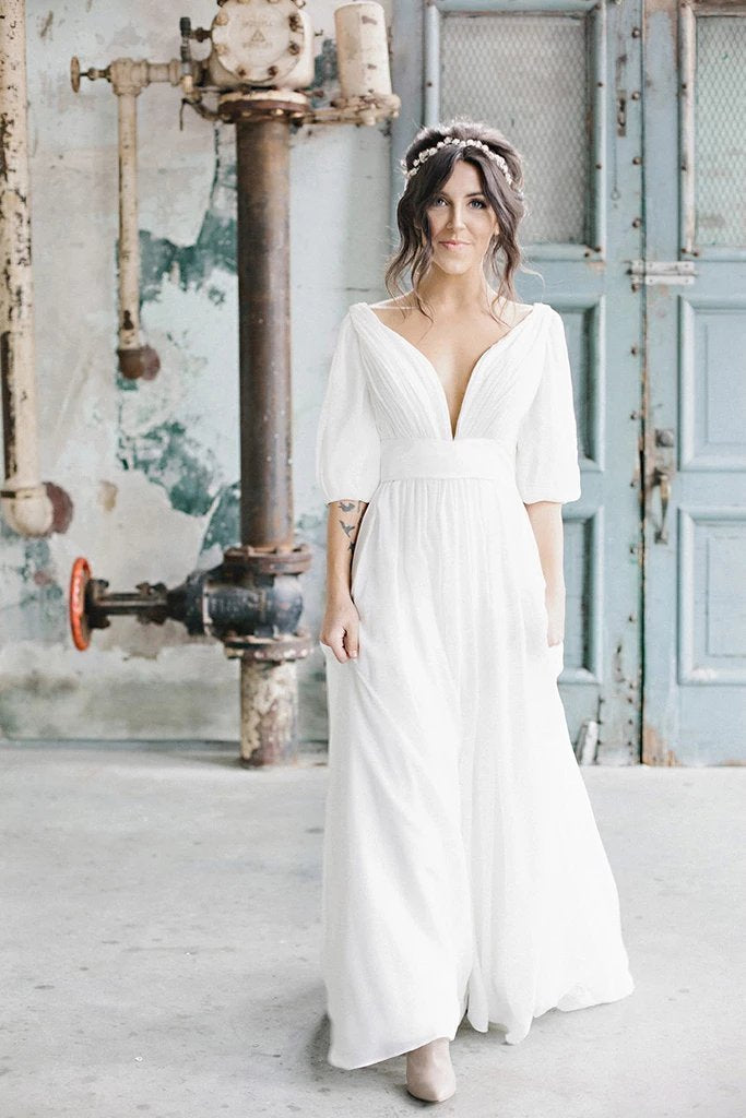 Simple A Line Ivory Chiffon V neck Wedding Dresses, Half Sleeves Long Wedding Gowns STC15381