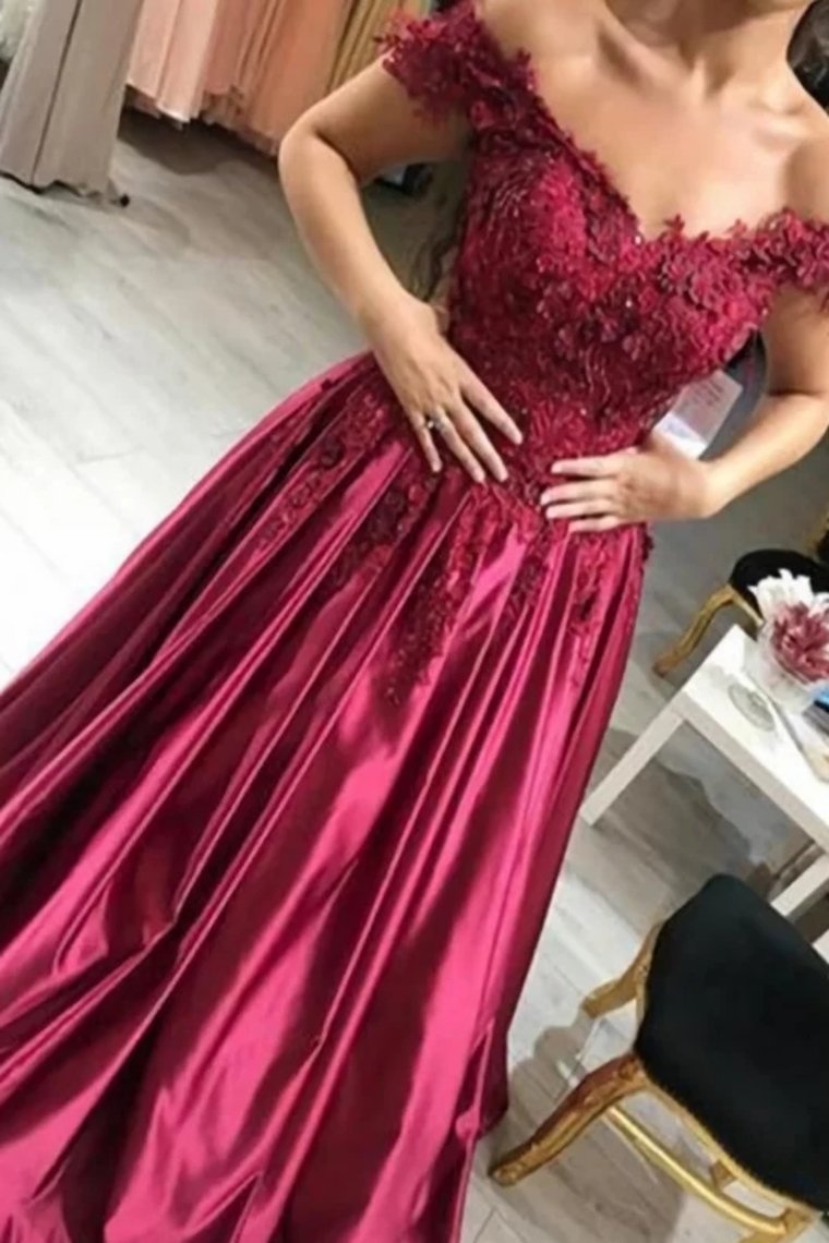 Burgundy Prom Dress Satin Ball Gown Off-The-Shoulder With