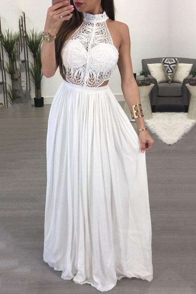 2024 High Neck A Line Chiffon & Lace Floor Length Prom