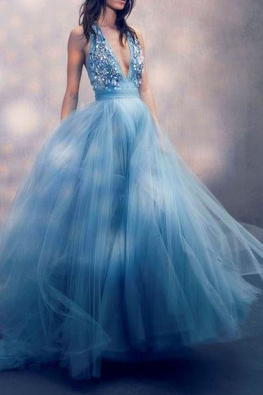Sexy A Line Deep V Neck Tulle Prom Dresses with Sequins, Long Formal Dresses STC15326