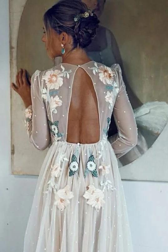 Elegant A Line Long Sleeves Embroidery Tulle Beads Prom Dresses with Open Back STC15511