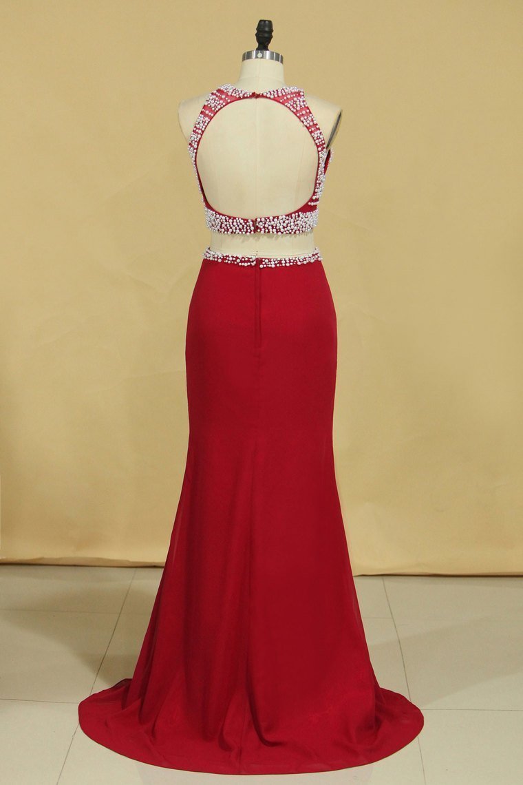 Red Two Pieces Column Scoop Prom Dresses Burgundy Chiffon & Tulle With Beads And
