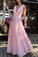 Flowy Simple Cheap Long V-Neck Pink Prom Dresses Party