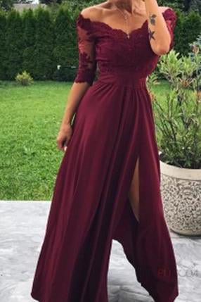Modest Off the Shoulder Burgundy Bridesmaid Dresses with Slit Prom STC15655