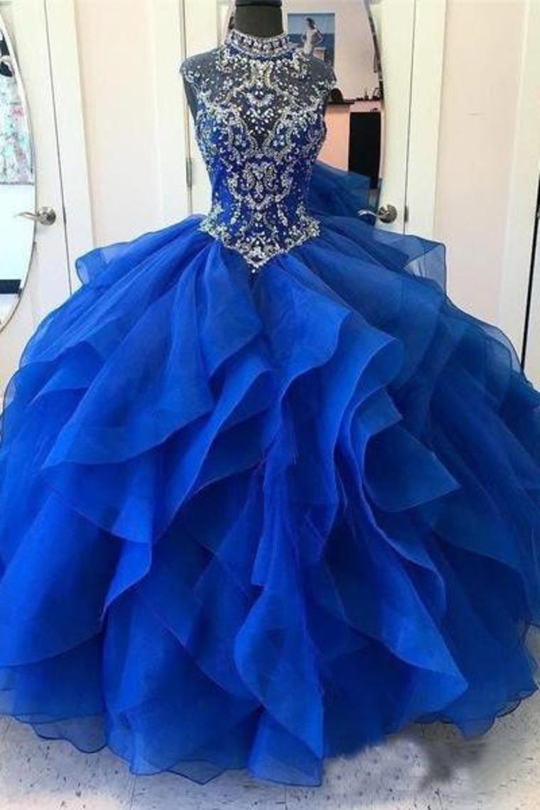 2021 Organza Quinceanera Dresses Ball Gown High Neck Beaded