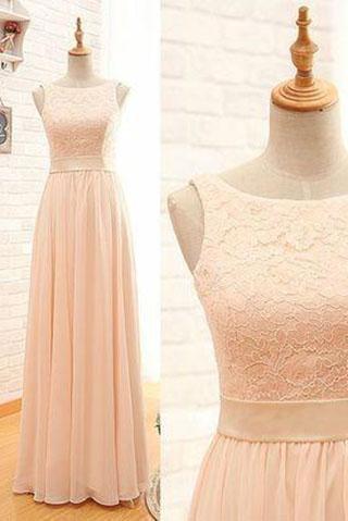 Blush Pink Lace Chiffon Scoop Sleeveless A-Line Zipper Floor-Length Long Bridesmaid Dresses