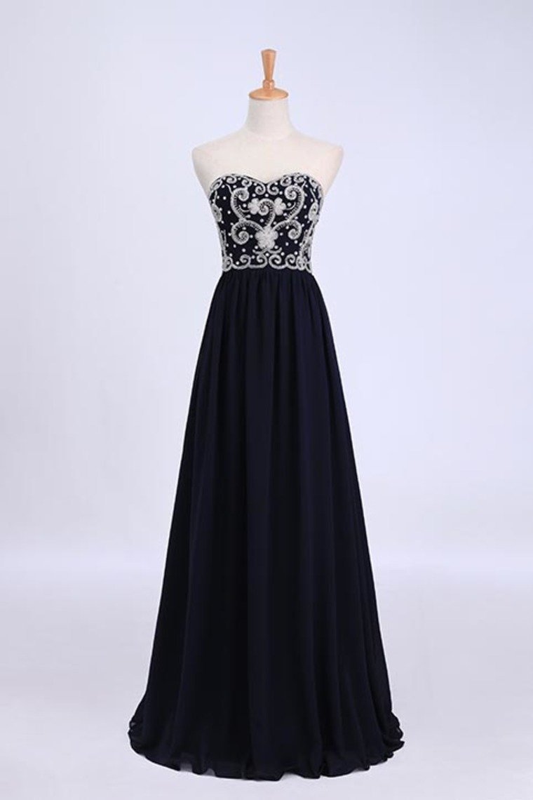 Dark Navy Blue Prom Dresses Sweetheart Floor Length Chiffon With Silver Beading
