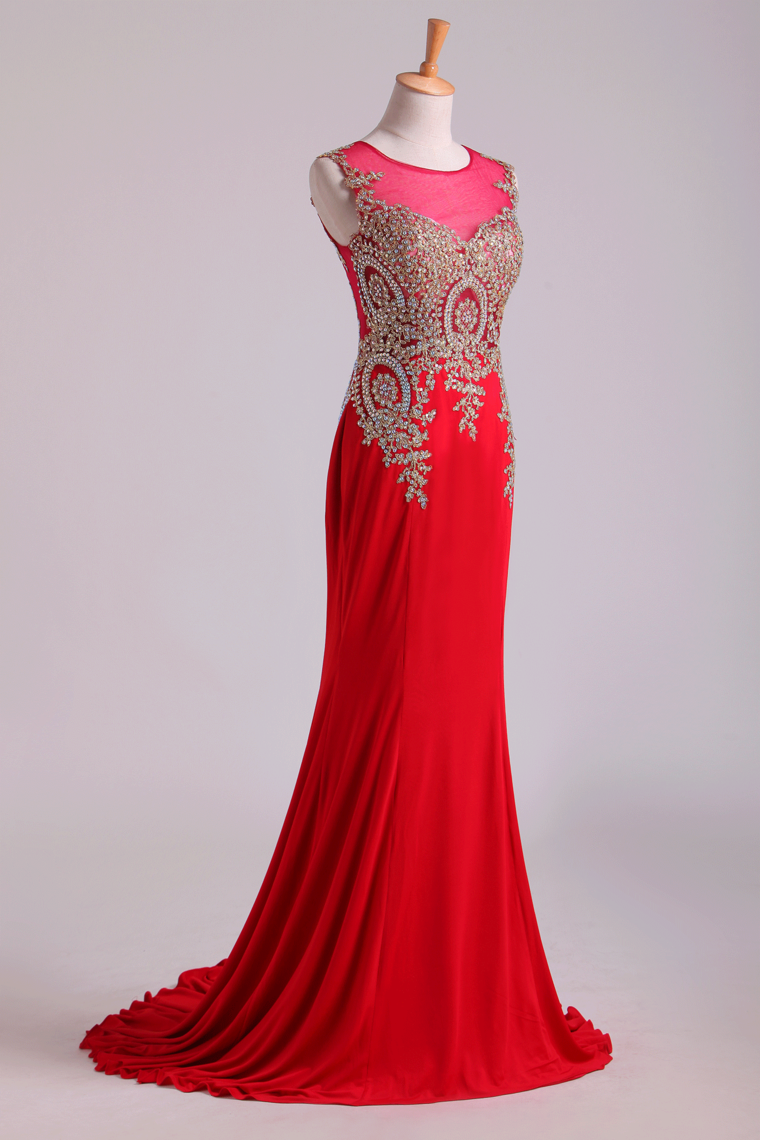 Red Prom Dresses Scoop Mermaid Sweep Spandex With Applique