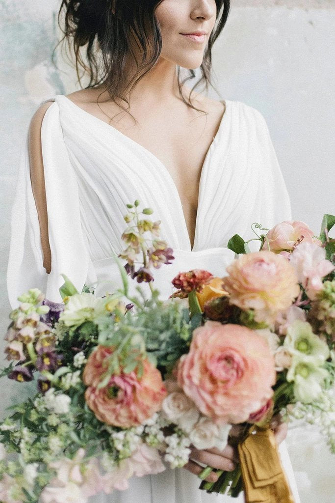 Simple A Line Ivory Chiffon V neck Wedding Dresses, Half Sleeves Long Wedding Gowns STC15381
