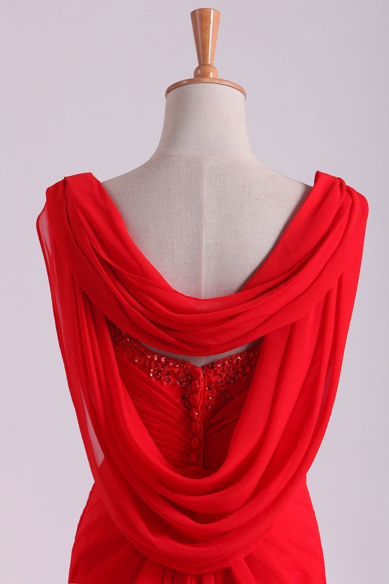 Red Chiffon Evening Dresses Ruffled Bodice Floor