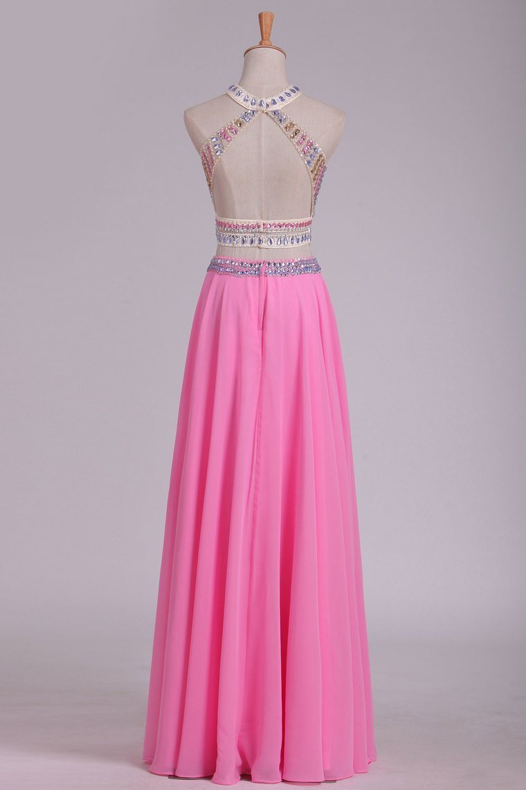 A Line Halter Open Back Two Pieces Beaded Bodice Chiffon & Tulle Prom Dresses