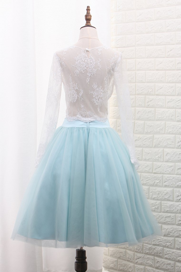 A Line Long Sleeves Tulle Two-Piece Scoop Homecoming Dresses With