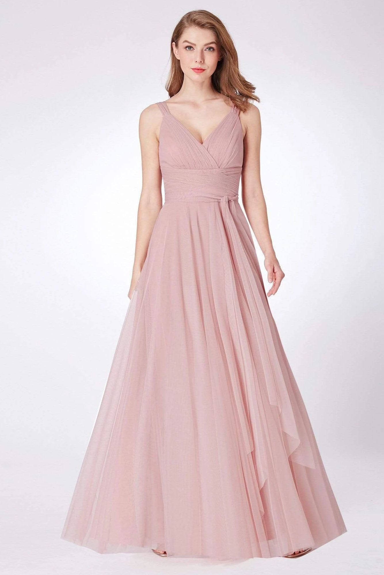 Simple A Line Pink V Neck Tulle Sleeveless Prom Dresses Long Bridesmaid Dresses STC15383