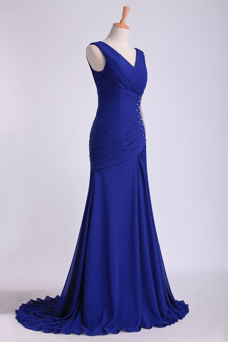 V Neck Pleated Bodice Column Sweep Train Prom Dress With