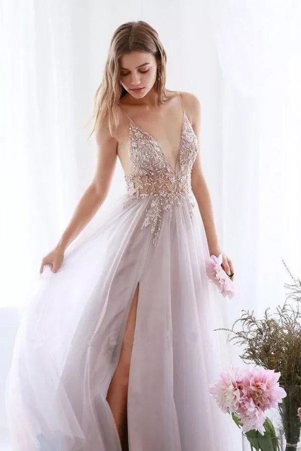 A Line Tulle V Neck Applqiues Prom Dresses With Slit, Spaghetti Straps Long Formal Dresses STC15037