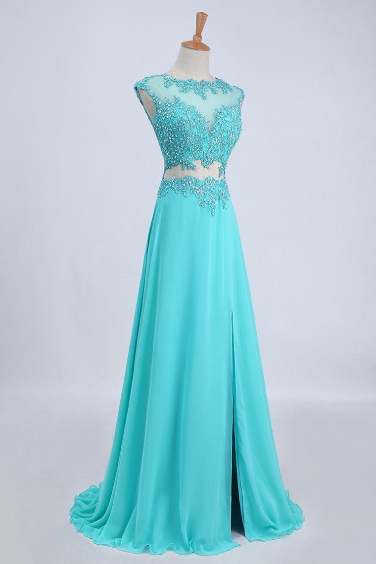 Two Pieces Prom Dresses Bateau Backless A Line Chiffon Sweep Train With