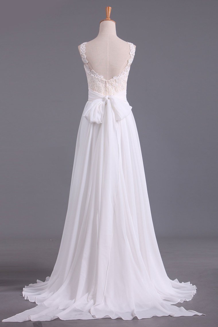 Sexy Open Back Scoop With Applique And Sash Wedding Dresses A Line Chiffon Sweep