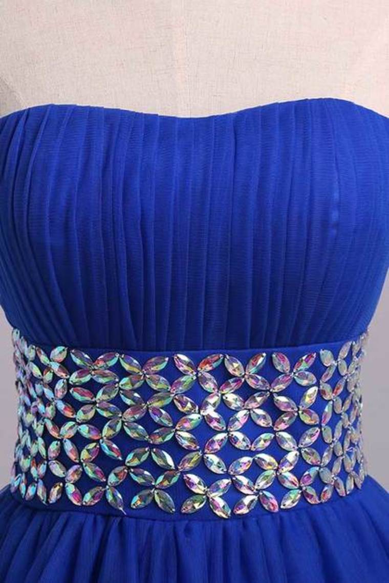 2024 Prom Dress Strapless Dark Royal Blue A Line/Princess Pick Up Tulle Skirt Beaded Waistline