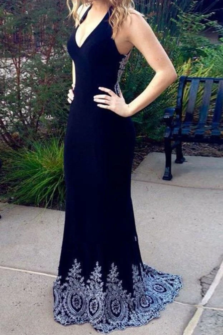 Dark Navy Blue Mermaid Prom Dresses With Appliques Charming Long Formal STCPESSR754