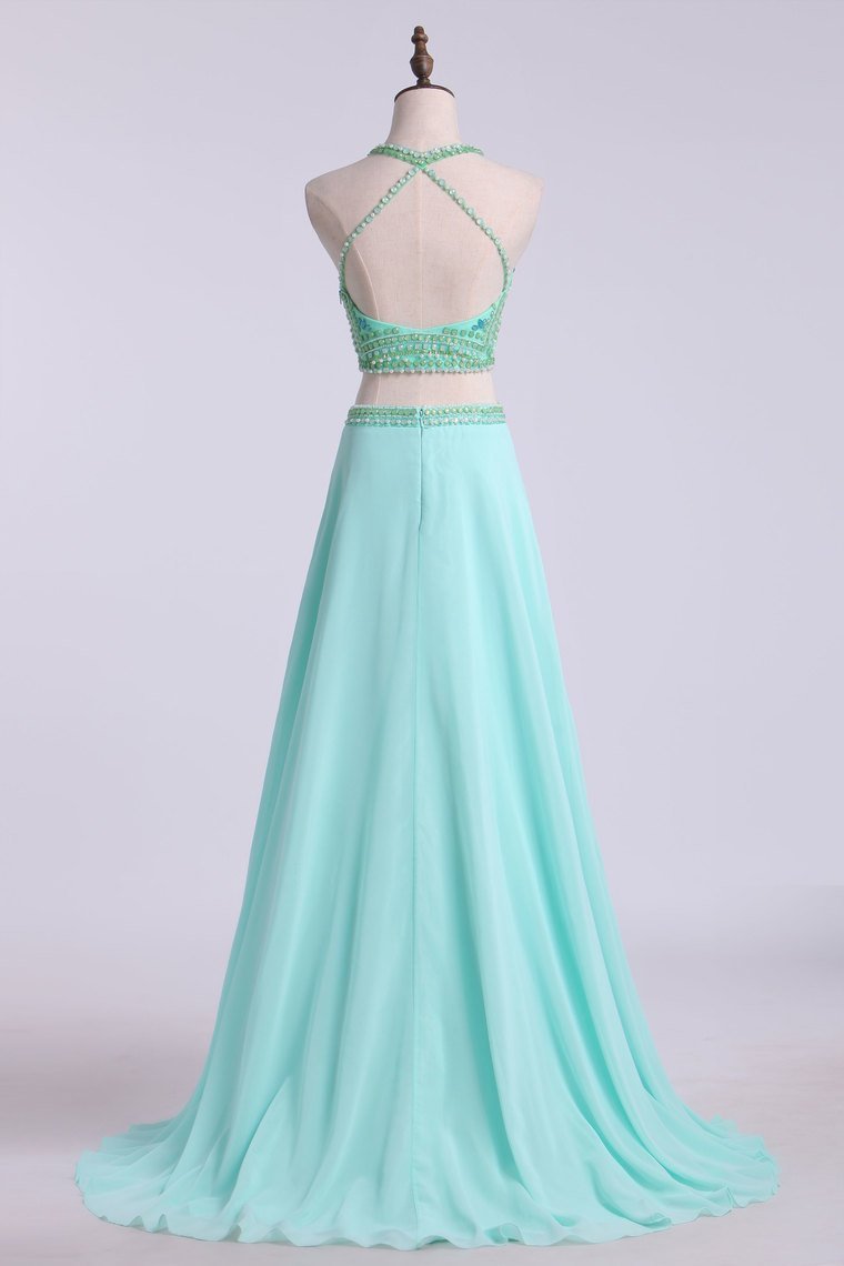 Prom Dresses Two Pieces Halter A Line Chiffon Beaded