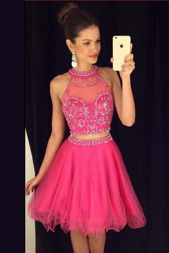 Hot-selling Jewel Short Two Piece Rose Homecoming Dress with Beading