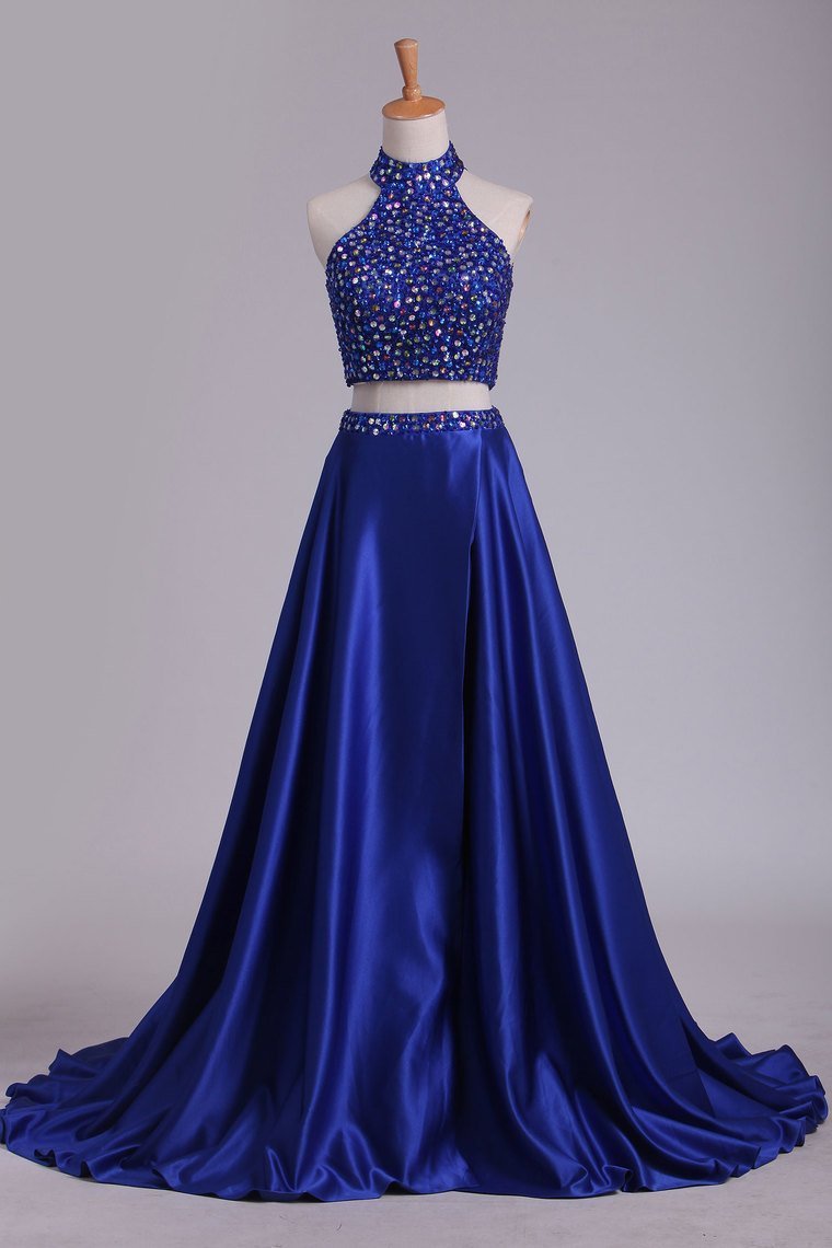 Two Pieces High Neck Prom Dresses A Line Beaded Bodice Satin Dark Royal