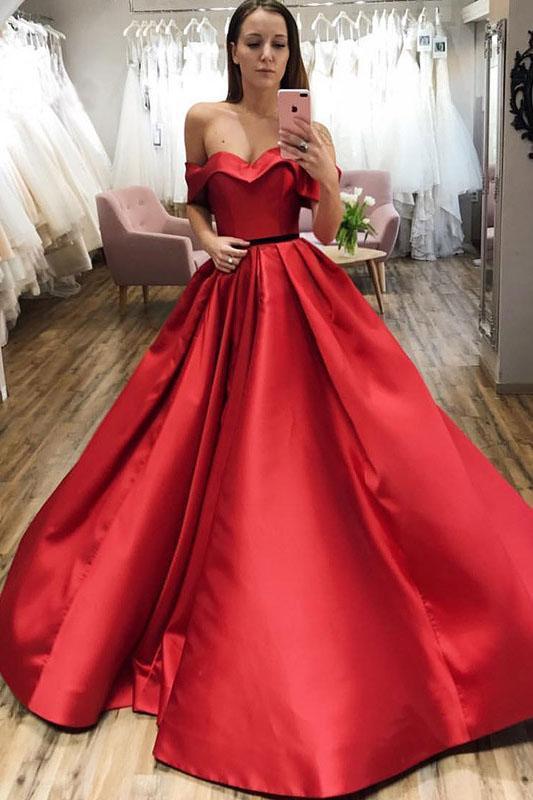 Red Ball Gown Off the Shoulder V Neck Satin Prom Dresses Evening STC15660