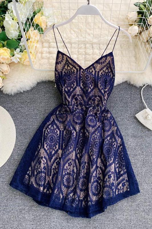 A Line Spaghetti Straps Lace V Neck Navy Blue Homecoming Dresses, Sweet 16 Dresses STC15555