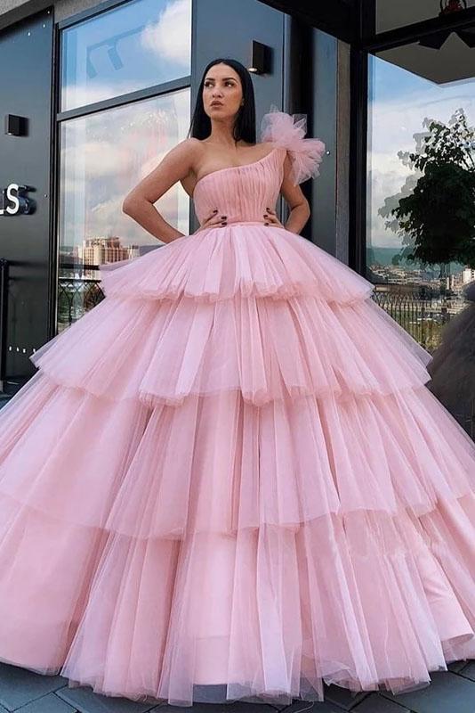 Charming Ball Gown Tulle Pink One Shoulder Long Prom Dresses, Quinceanera Dresses STC15096