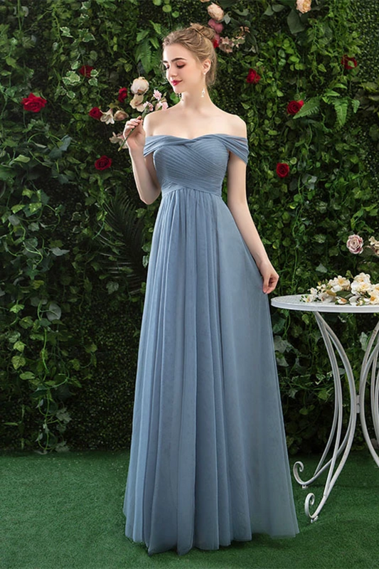 Cheap Off The Shoulder Tulle Long Prom Dress With Short Sleeves, Simple Bridesmaid