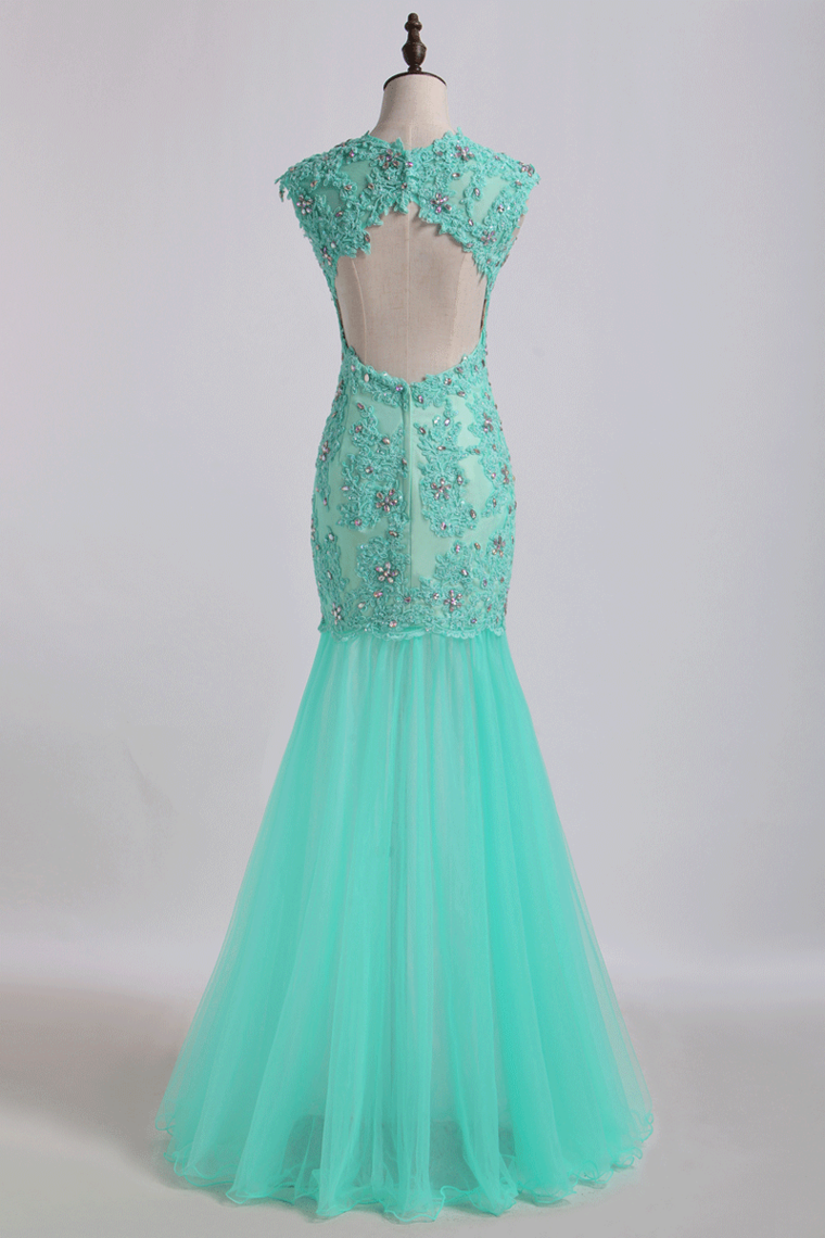 Prom Dresses V Neck Mermaid/Trumpet Champagne With Applique&Beads Floor Length